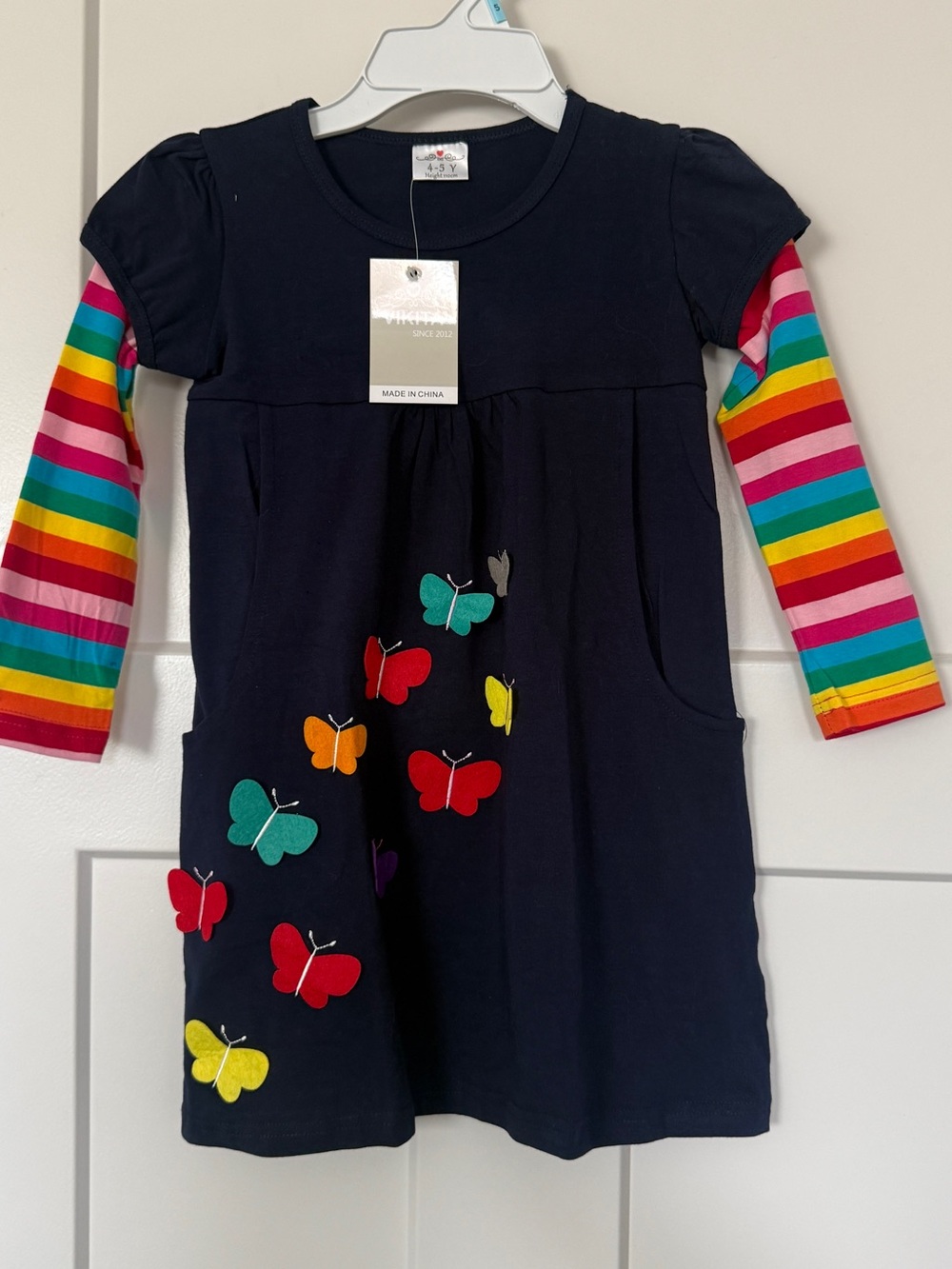 Kids Navy Butterfly Dress with Rainbow Striped Sleeves